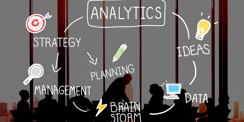 Diagram illustrating an analytics strategy with interconnected components and flowcharts for data analysis processes.