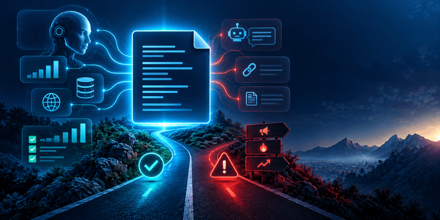 A brightly illuminated road adorned with icons, representing differing perspectives on llms.txt effectiveness from Google and agencies.
