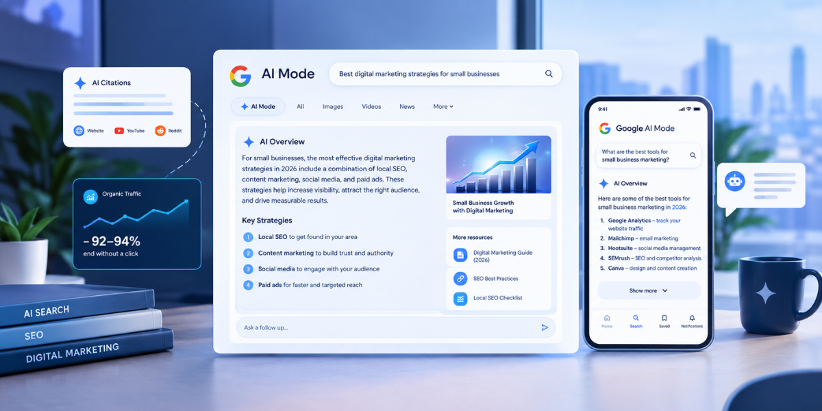 Google Analytics dashboard displaying user traffic metrics and insights related to AI mode reaching 1 billion users.