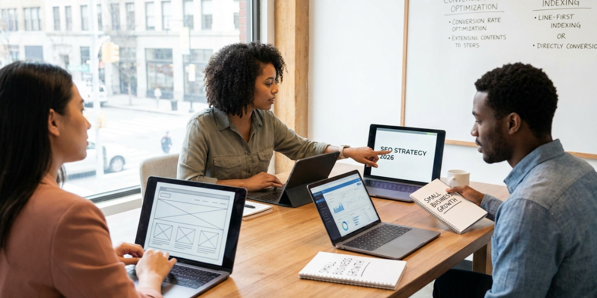 Three colleagues gathered around a table with laptops, actively participating in a discussion or project work.